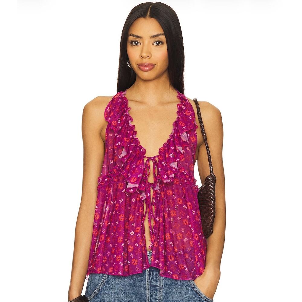 Free People Fearless Knit Tank Dragonfruit Combo Ruffle Tie Front Size Small